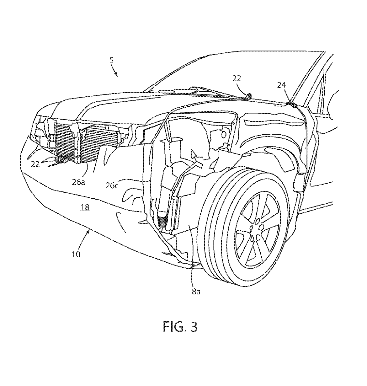 Patent figure 3, showing a containment device fitted beneath the damaged front of a vehicle