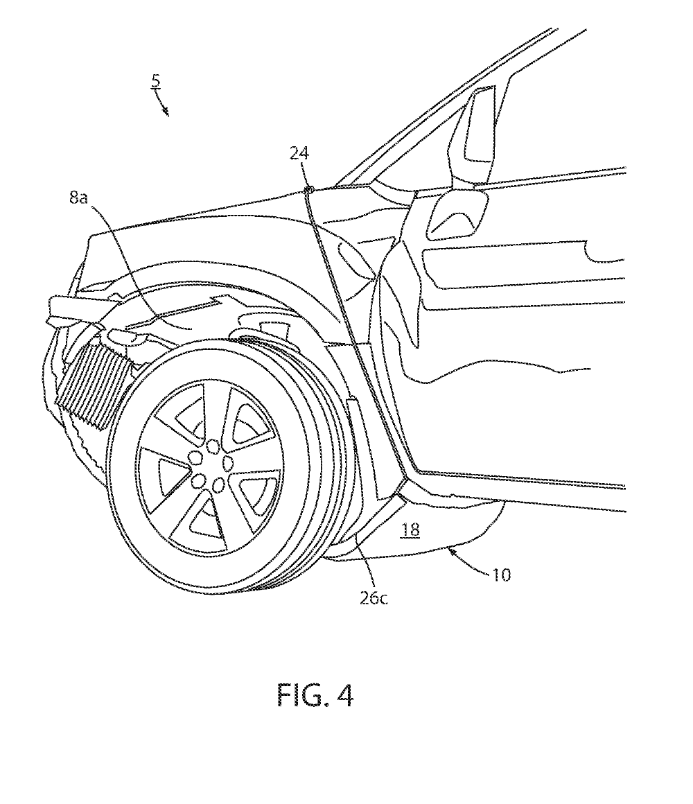 Patent figure 4, showing the front wheel and attachment routing beside a damaged vehicle