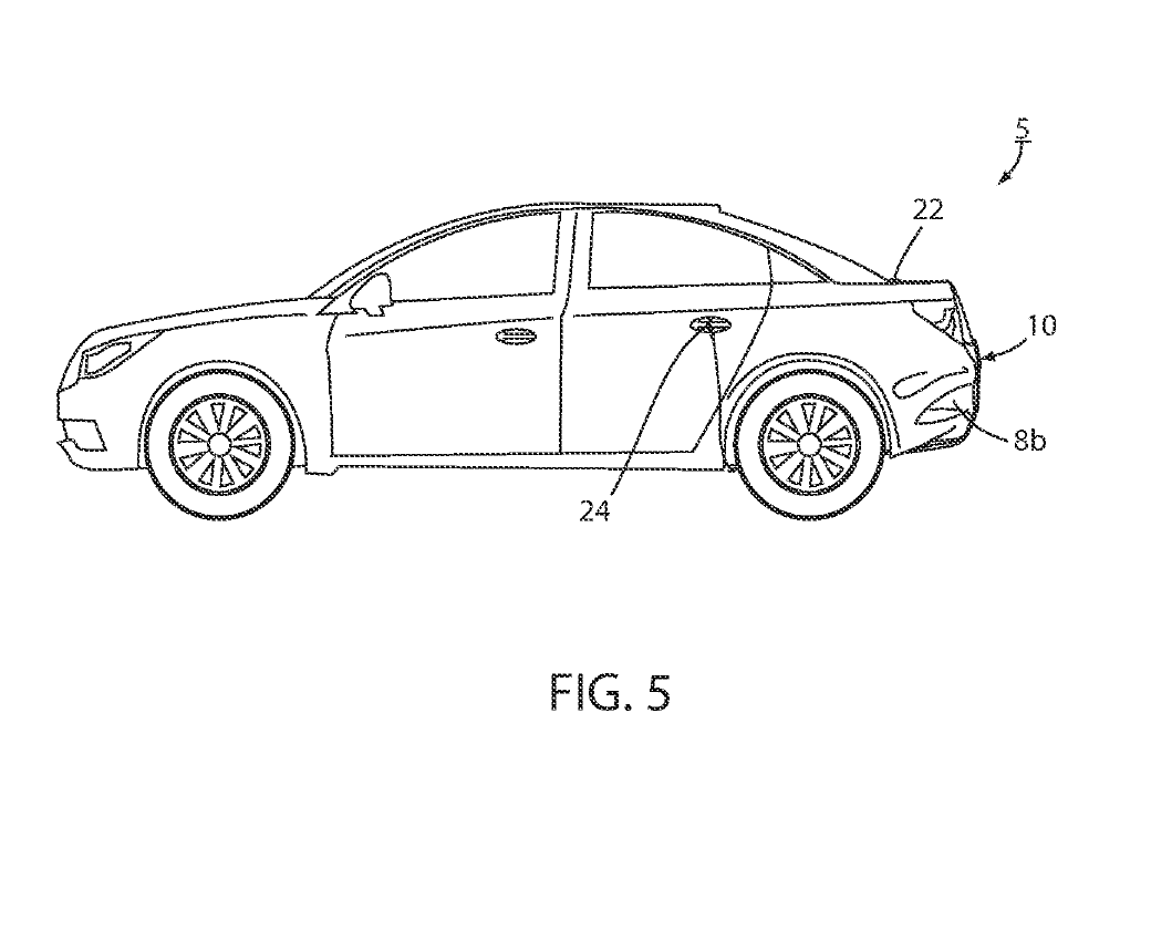 Patent figure 5, showing a side view of a vehicle with rear attachment routing