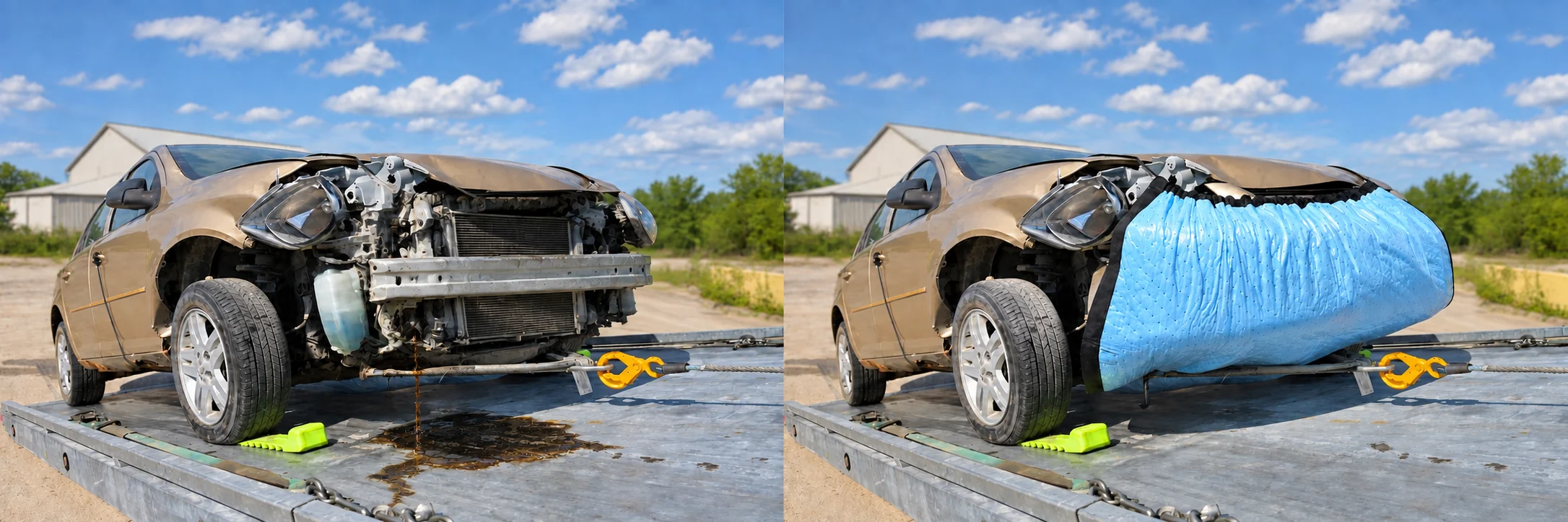 Illustration of a wrecked tan car without Spill Diaper, leaking fluid onto the tow bed