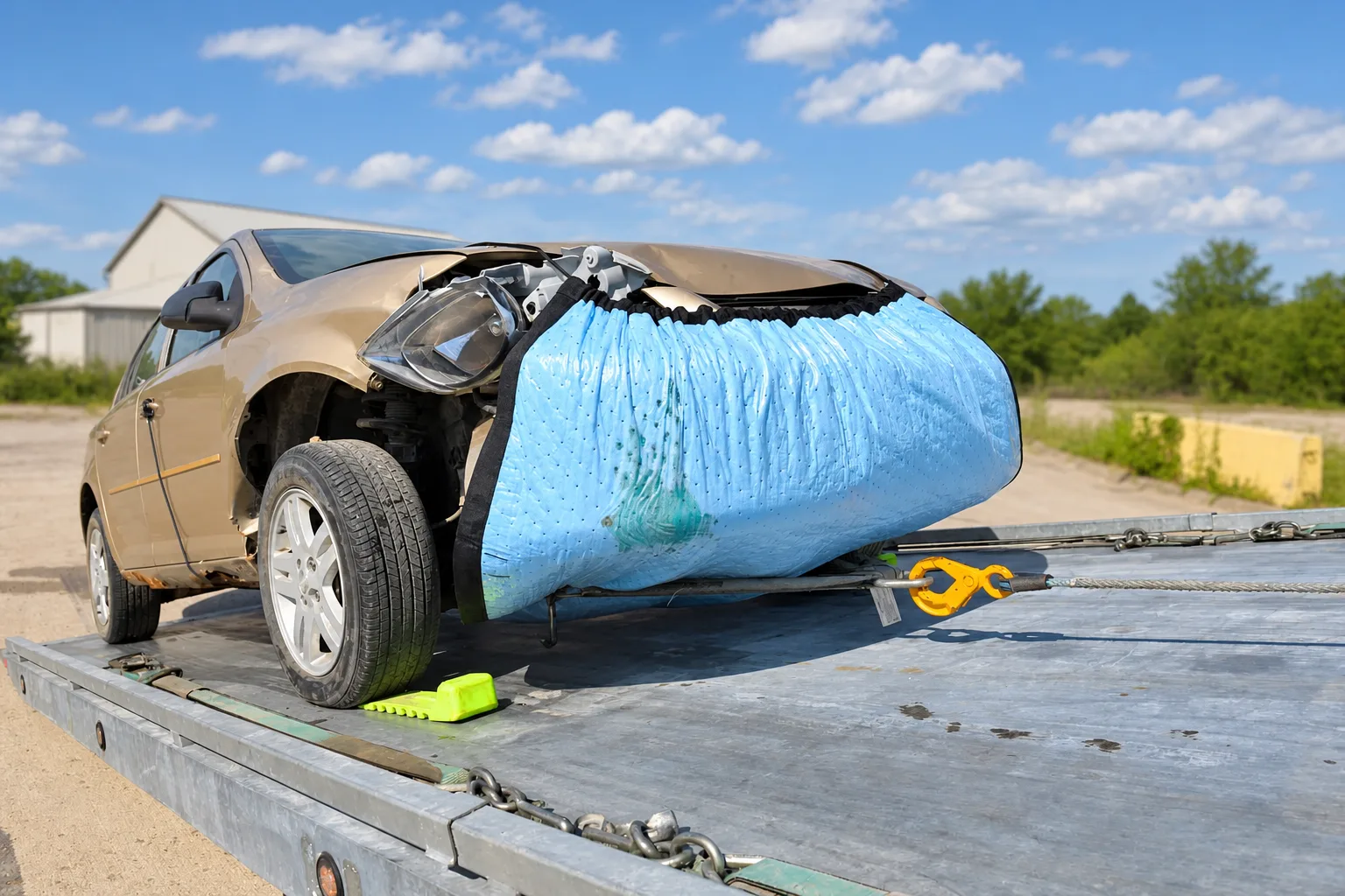 Blue-backed Spill Diaper fitted beneath a damaged tan sedan on a rollback tow bed