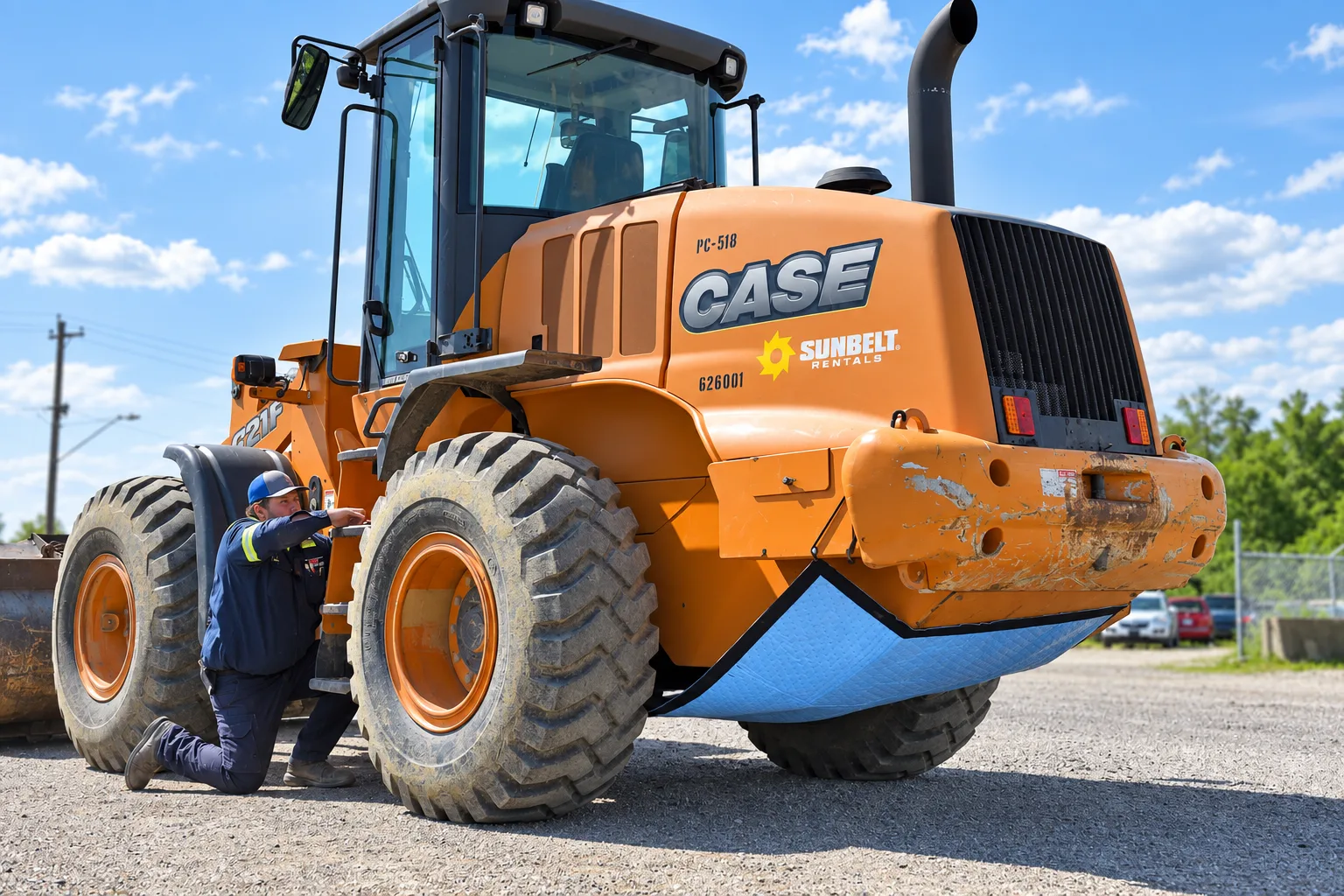 Spill Diaper fitted to an orange wheel loader, seen from the side during installation