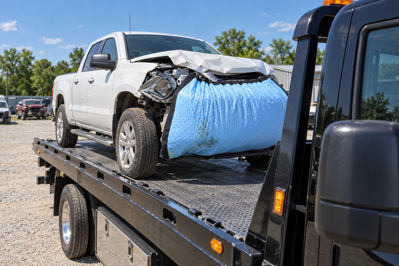 Blue-backed Spill Diaper fitted beneath the damaged front of a white pickup on a rollback tow truck
